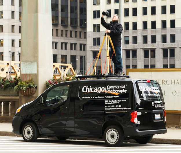 Our custom 13-foot platform truck to capture your building from a superior height.